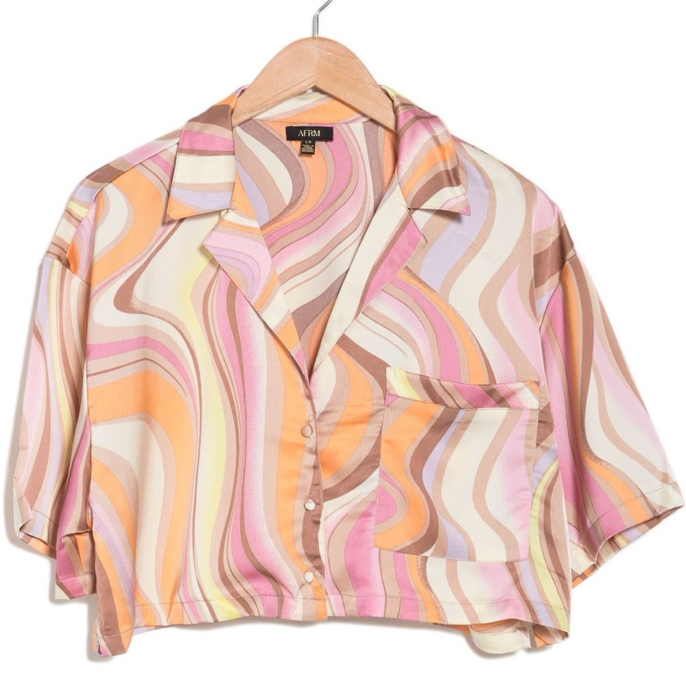 AFRM Swirl Print Satin Crop Blouse In Coral Swirl Size 1X